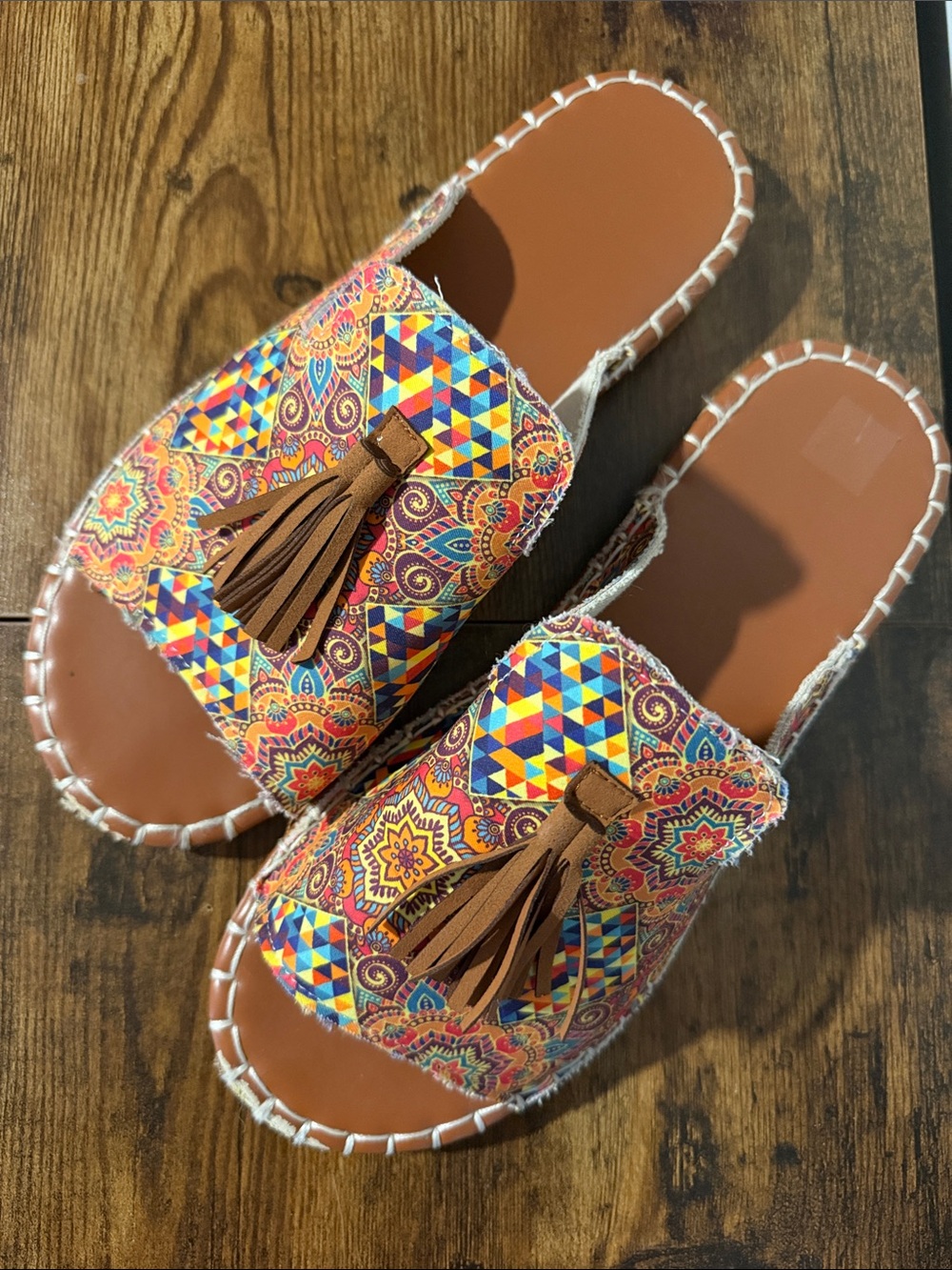 Colorful Tassel Slide Sandals - Brown Multicolor